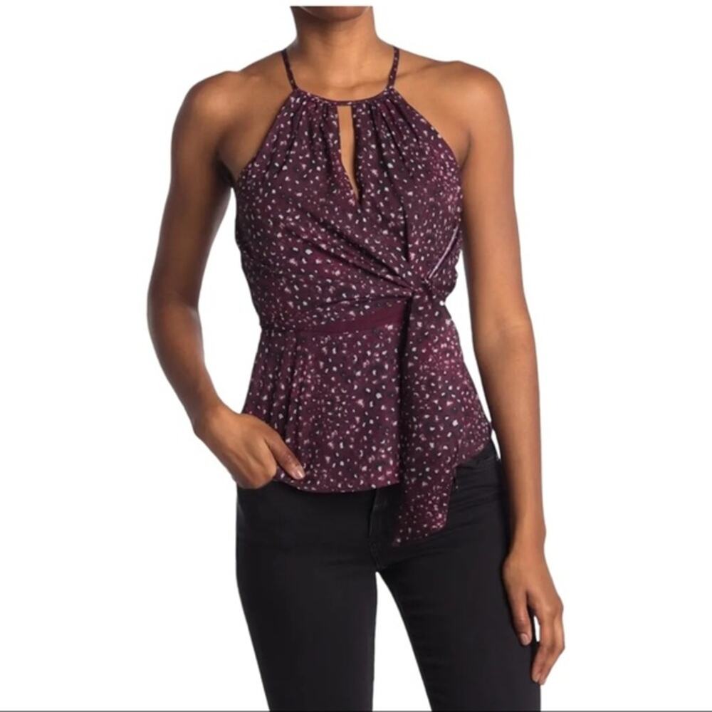 Parker Burgundy Drape Front Halter Keyhole Printed Top Size Large NWT Large